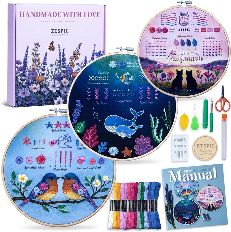 ETSPIL Beginner Embroidery Kit for Teens & Adults - 3-Pack, 19 Stitches, Pre-Stamped Patterns, Needle Minder, 7.8-Inch Hoop, Threads & Needles, Guide & Video - DIY Craft Gift for Women - Image 1